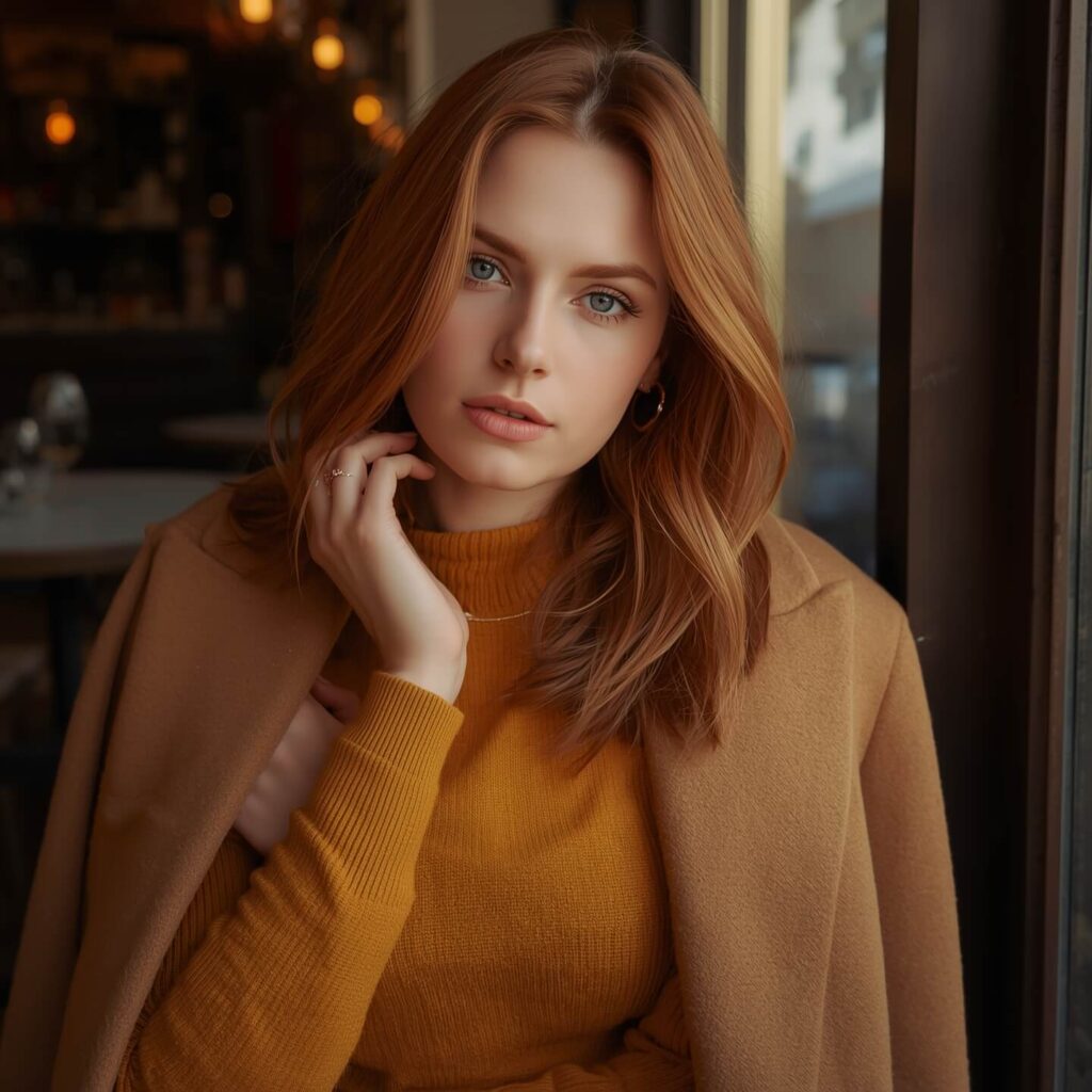 Stylish red-haired woman wearing an emerald green dress with gold accessories, showing what colors suit red hair for outfits and makeup ideas.