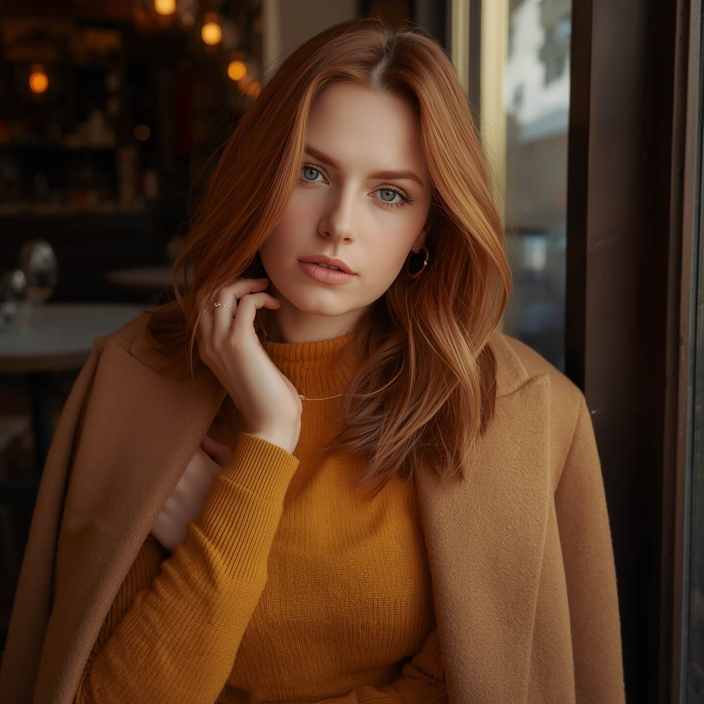 Stylish red-haired woman wearing an emerald green dress with gold accessories, showing what colors suit red hair for outfits and makeup ideas.